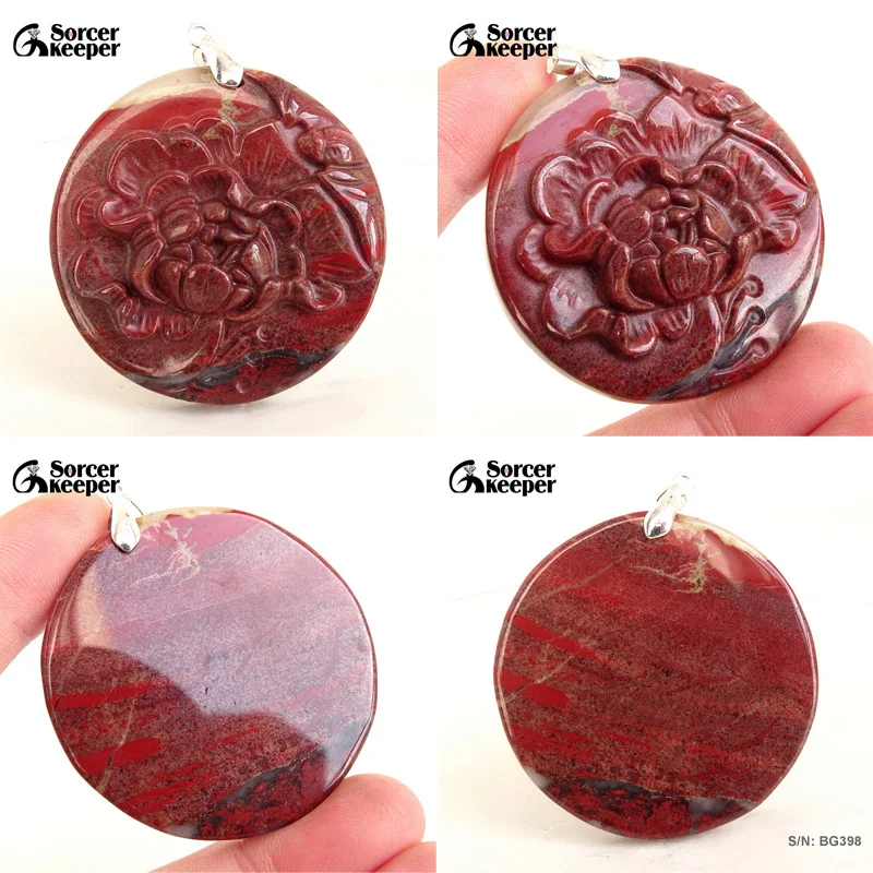 1PCS Hand Carved Peony Flower Natural Red jasper Stone Pendant Beads For Men Women Necklace Jewelry Bloodstone Figurine BG394