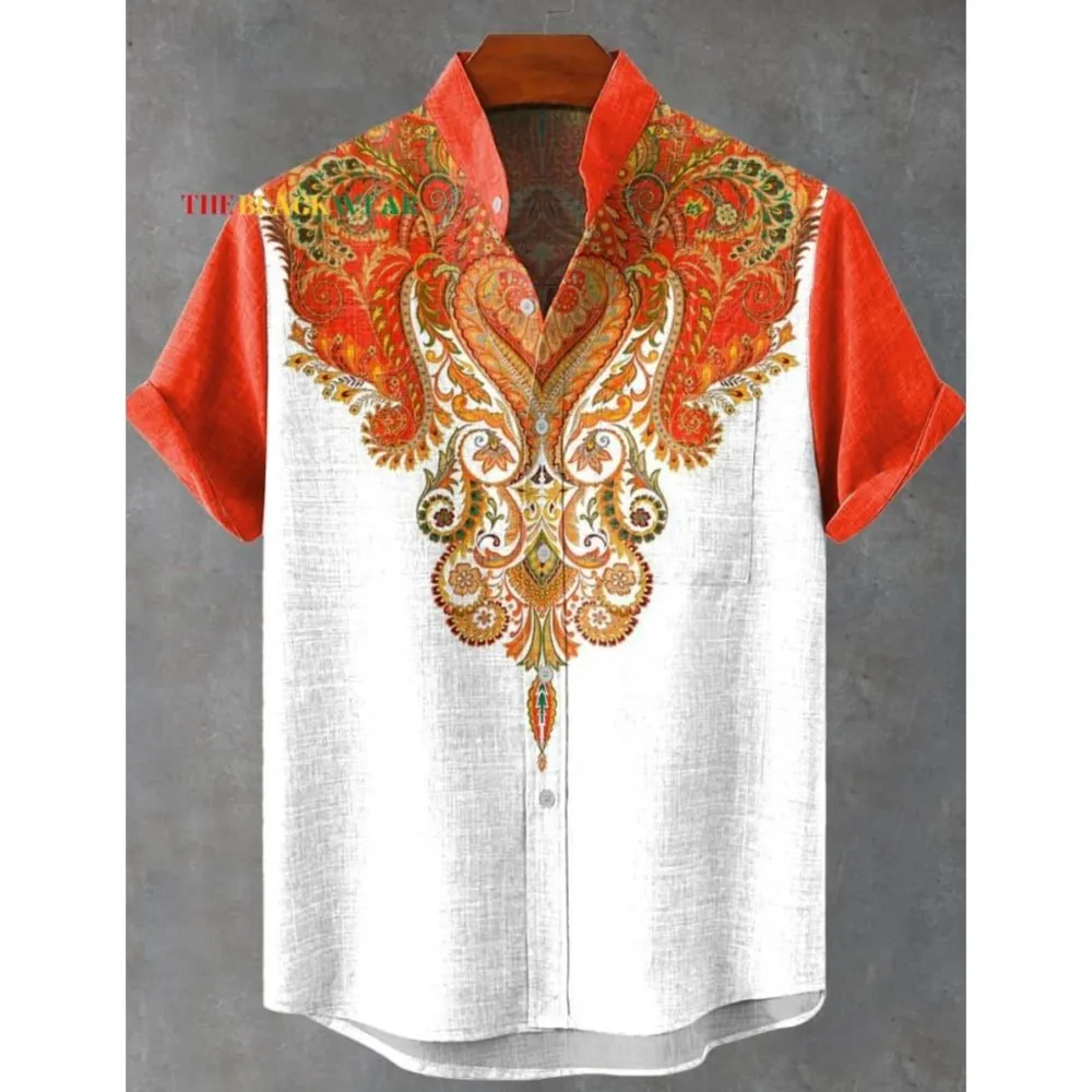 Moslim Kleding Heren 레트로 부족 토템 패턴 인쇄 남성용 리넨 편안한 패브릭 반팔 셔츠 부족 민족 스타일