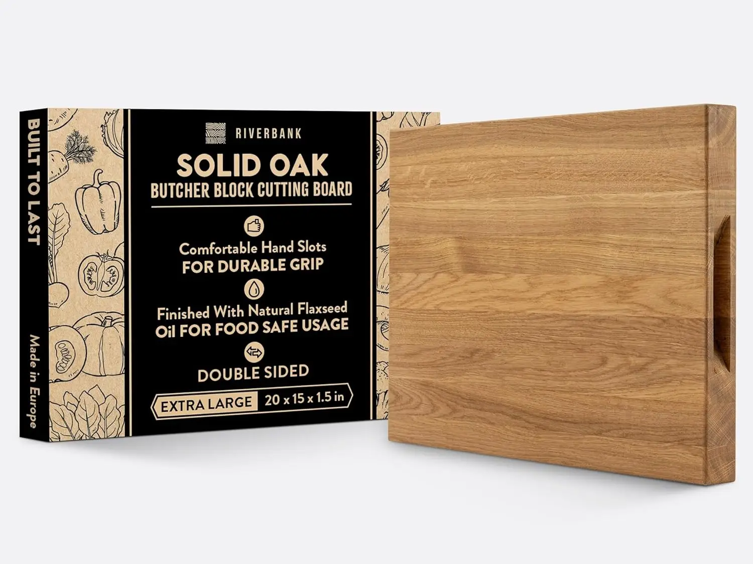 

Solid Wood Oak Butcher Block Cutting Board in Extra Large XL Size 20"x15"x1.5", Reversible Wooden Chopping Board with Ha