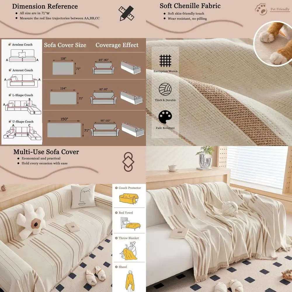 

Reversible Chenille Sofa Cover for 2-Cushion Couch, Holiday Christmas Beige, 71x118 inches