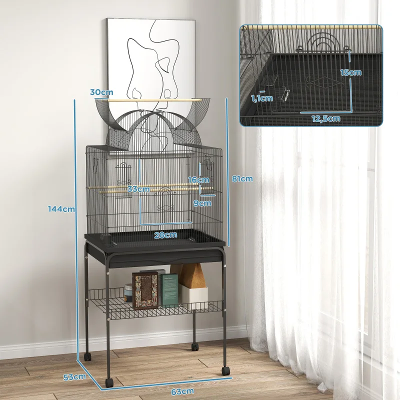 Cage à oiseaux Vogelkäfig grande pour perroquets avec plateau, surface d'agrédition, mangeoire, nichoir à roulettes pour canaris, en acier, 63 x 53 x 144 cm, noir