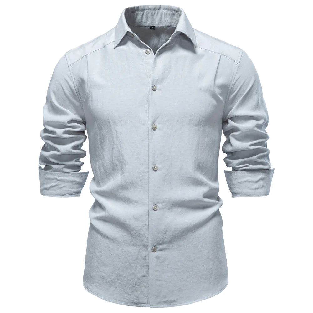

New men's cotton and linen long-sleeved shirt, plain color, lightweight, breathable, with a turned-down collar, a casual shirt.
