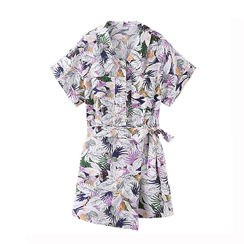 

Faionable Loose Comfortable Casual Floral Print One-Piece Suit MB609 High Waist Straight Leg ort Length Linen Blend