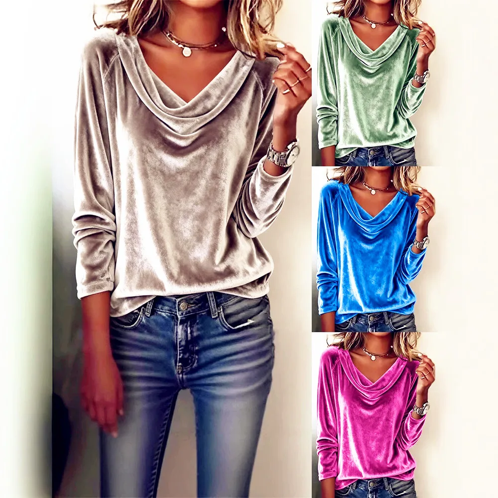 New Women's Casual Pile Collar Long Sleeved Ppullover Loose Net Ruffles Color Multi-Color Women's T-shirt