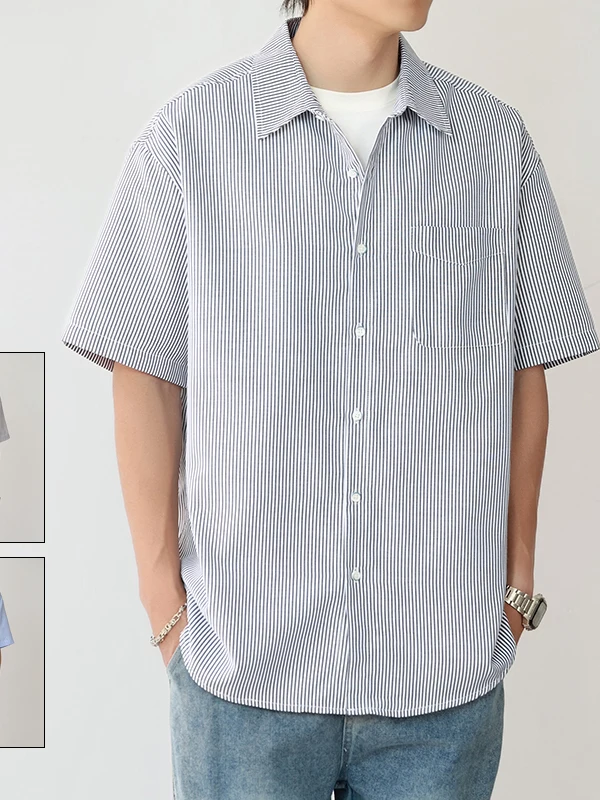 

Summer Casual Stripe ort Sve Men's irt Thin Outerwear Loose Fit Breathable Polyester Fiber Youth Trend Button up