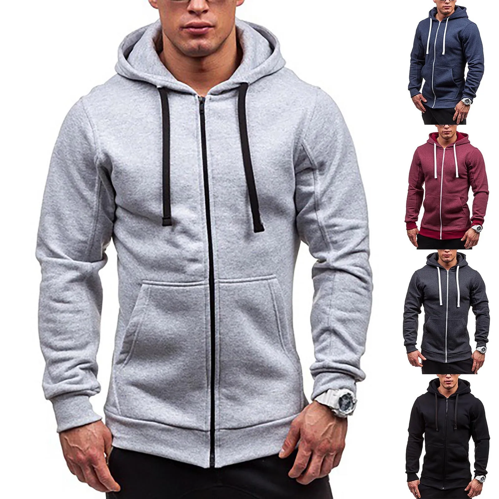 Zip-up Fleece-lined Solid Color Sweatshirt Autumn Winter New Simple Jacket Top Sports Hooded Jacket Trendy New