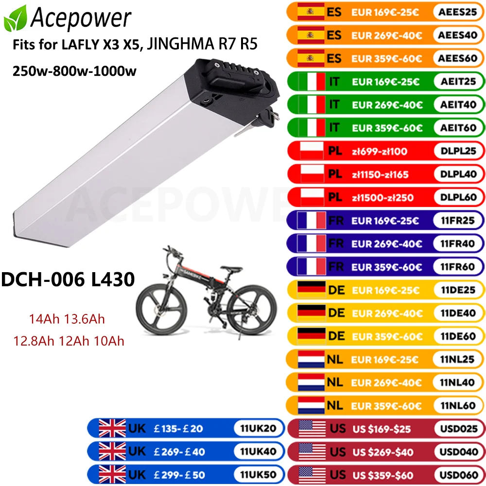 LAFLY X3 X5 JINGHMA R7 R5 Battery 48V 14Ah 12.8Ah 10Ah DCH006 Batteries for 1000w 800w 750w 13.6Ah 10Ah for 250w Folding Ebikes