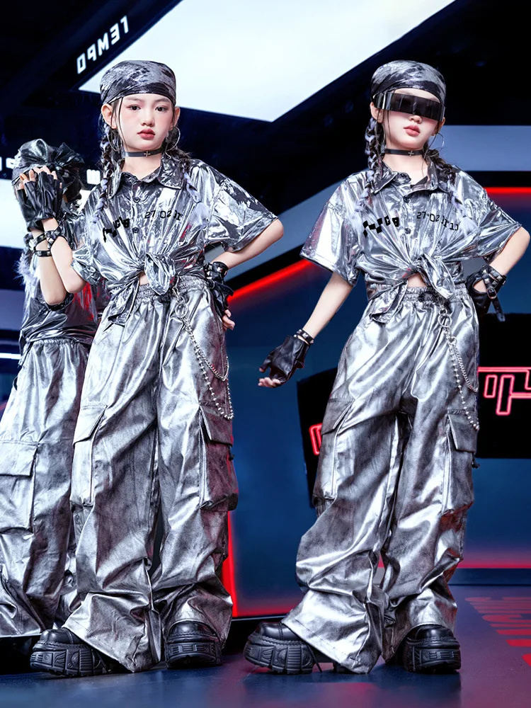 Kids Hip Hop Jazz Outfit Girls Street Short Sleeve Silver Top Boys Stage Show Silver Leather Pants Costume