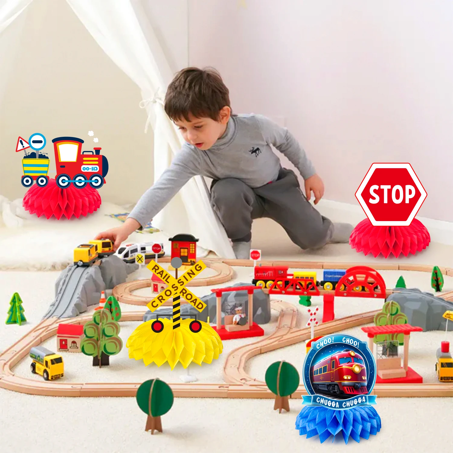 Railroad Train Honeycomb Centerpieces,9pcs Railway Train Party Centerpieces&Railroad Crossing Sign Decoration for Kids\' Party