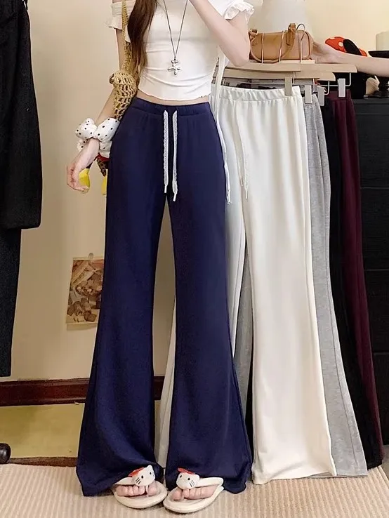 

Повседневные расклешенные брюки на шнурке, однотонные, стройнящие, для женщин, весенний сезон, элегантные длинные брюки, женская мода