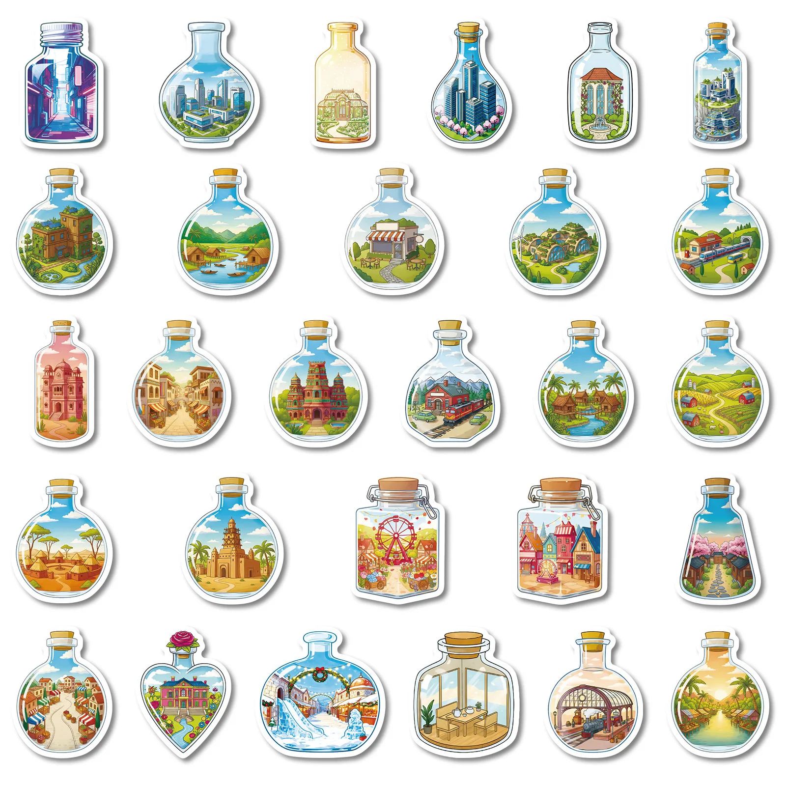 10/56PCS World in a Bottle Cartoon Stickers Architectural Landscape Graffiti Decoration DIY Toys Laptop Guitar Car Bike Decals