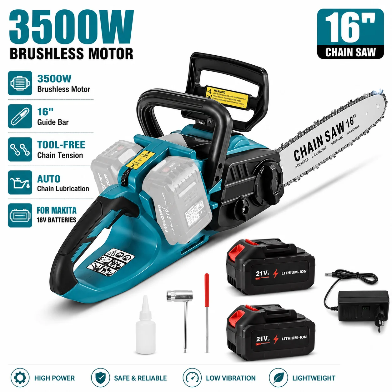 Image of 3500W 16 Zoll Akku-Kettensäge, Elektrische Kettensäge mit automatischer Ölschmierung, werkzeuglose Kettenspannung, handgeführter Gartenschneider zum Holzschneiden