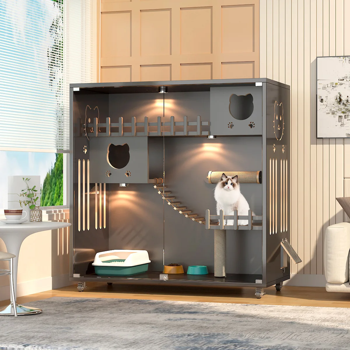 Cat Villa Large Cabinet Household Indoor House Three-story  Luxury Large Solid Wood Cage House Light Luxury