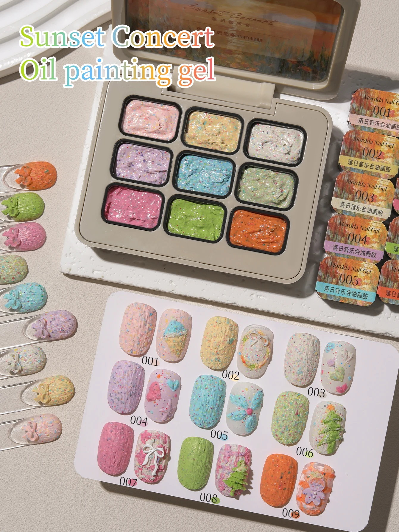 Conjunto de esmalte em gel para pintura a óleo de concerto de pôr do sol de 9 cores, de longa duração, não lavável para designs de alívio 3D - Luo Ri Yin Yue Hui