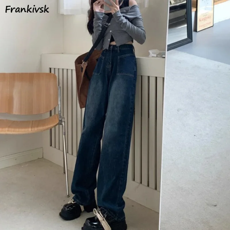 Jean en denim pleine longueur pour femme, poches, style coréen vintage, streetwear décontracté, collège, printemps, commconsulAll-match, harajuku