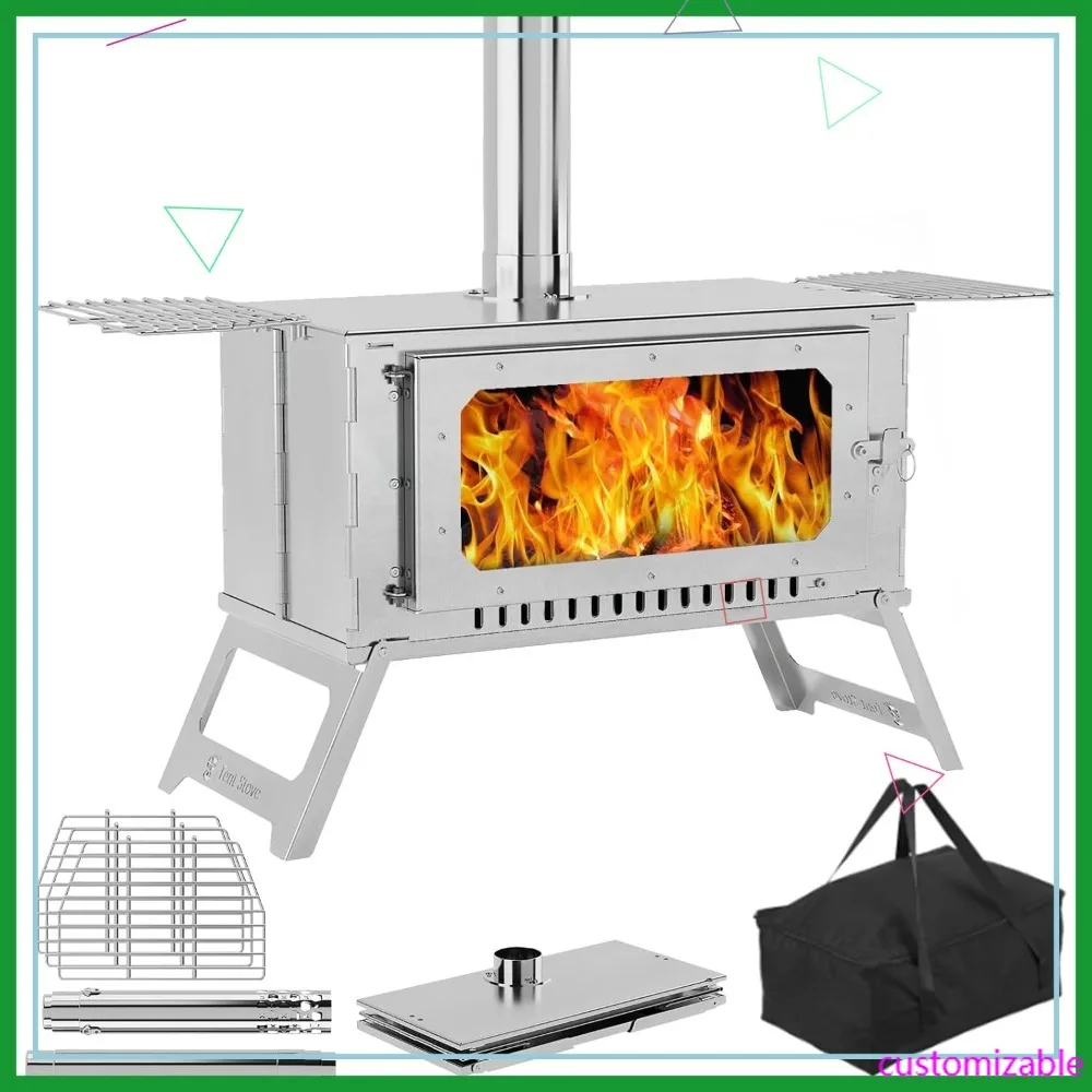 

Портативная походная печь из нержавеющей стали со смотровым стеклом - Большая походная печь для обогрева и приготовления пищи на открытом воздухе