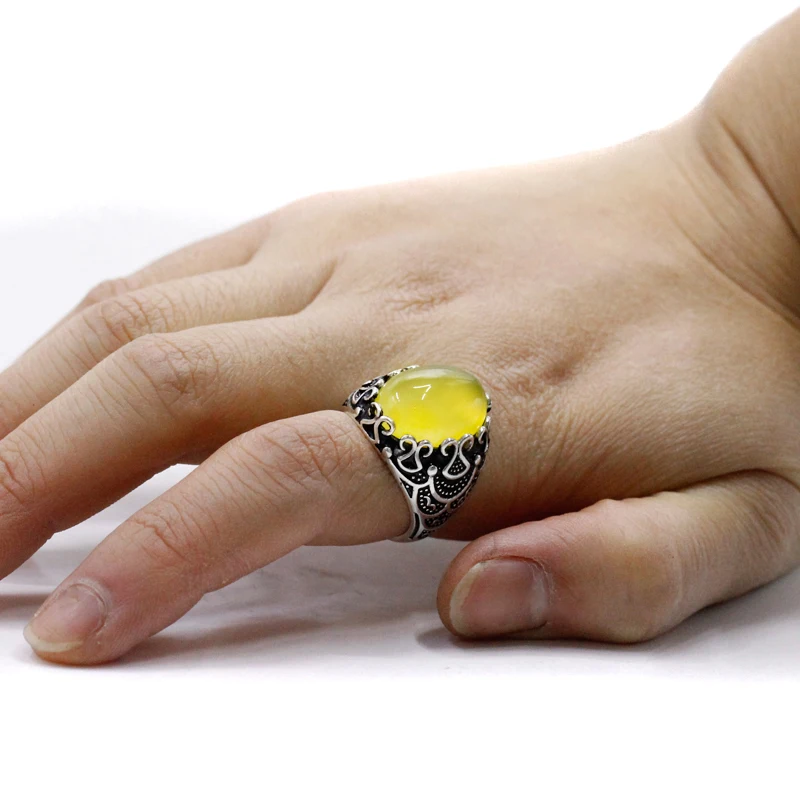 S925 فضة اليدوية خاتم العقيق الأصفر الطبيعي حجر Türkiye الفاخرة الرجال حفلة عطلة الأزياء والمجوهرات هدية