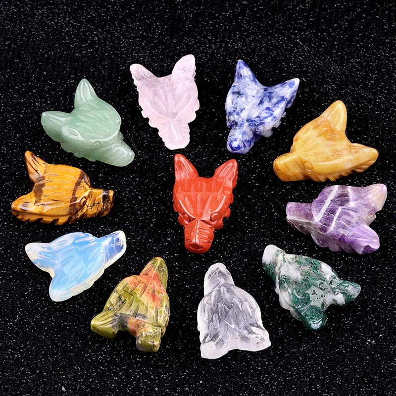 Hand Carved Gemstone Wolf Head Statue Natural Stone, Amethyst, Mini Animal Statue Crystal Craft Chakra Meditation, Home Decor