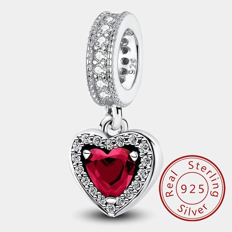 Orginal Real 925 Sterling Silver Love Red Heart Charms Beads Pendant Safety Chain  Fit Pandora Bracelets DIY Making Fine Jewelry