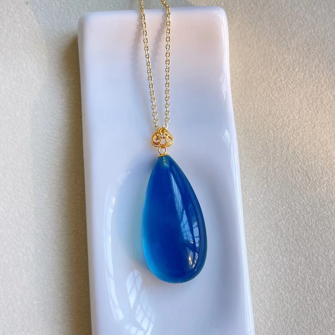 Natural Blue Aquamarine Quartz Pendant Brazil 27*20*11.2mm Jewelry 18K Gold Blue Aquamarine Oval Necklace AAAAA