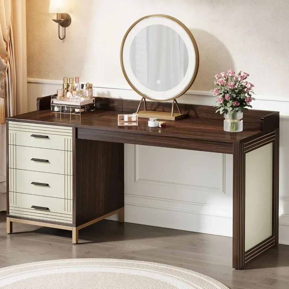 Vanity Desk 61-Inch 4 Drawers, Mid-Century Modern Makeup Vanity Table, Wood Dressing Table Bedroom, Brown & Beige (Table Only)