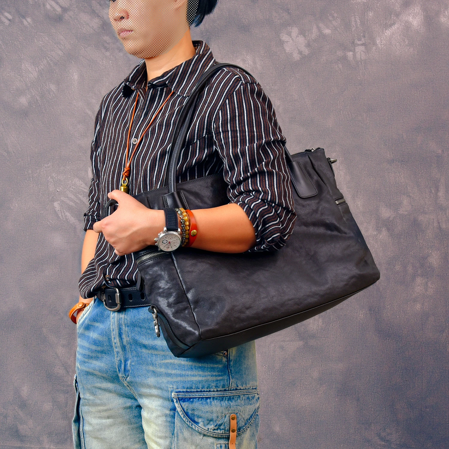 fashion vintage vegetable tanned cowhide men's women's large-capacity briefcase casual handmade real leather black handbag