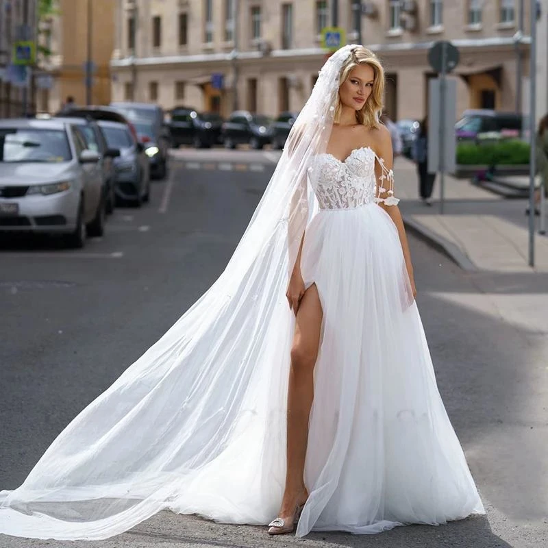 ชุดแต่งงานทรงเอไลน์2024สำหรับผู้หญิงชุดเจ้าสาวผ้าปะติดที่น่ารักชุดเดรสโบฮีเมียนปรับแต่งได้ตามต้องการ