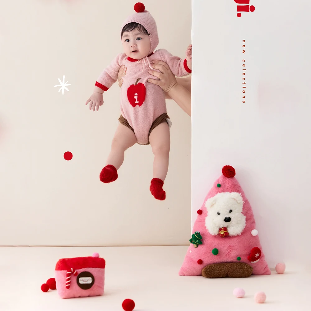Professional Photography Props Pink Christmas Themed Knitted Jumpsuit+hat Plush Xmas Decor Props for Studio 100 Days Baby Photo