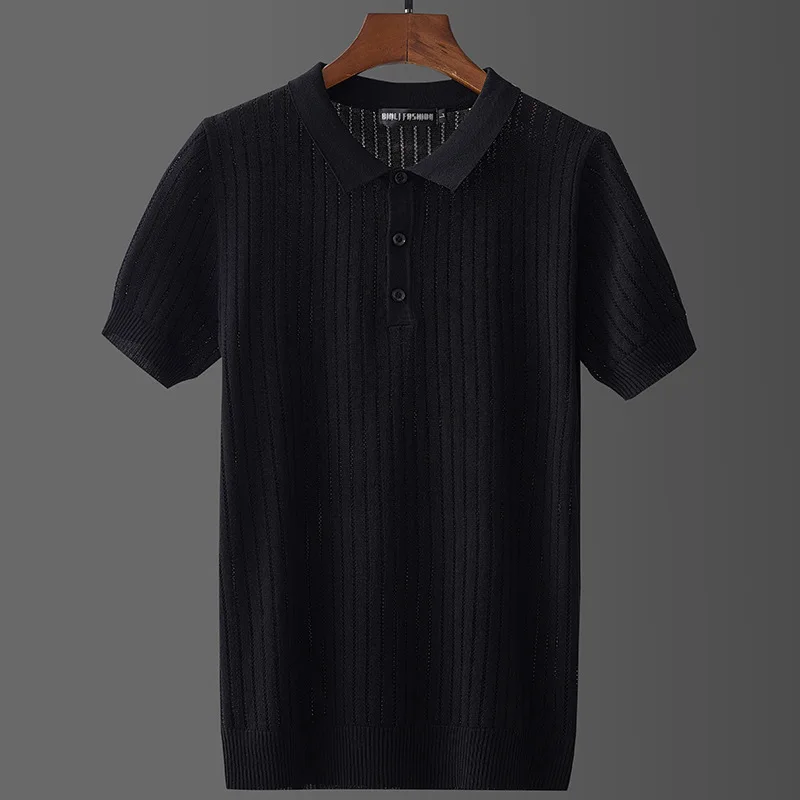 High Stretch Hollow Luxury Polo Shirt For Men Short Sleeve Silky Summer Quality Icy Comfortable Casual Striped Camisas De Hombre