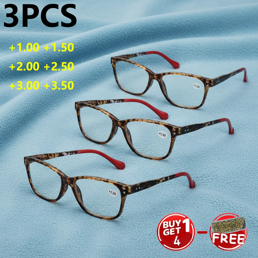 3 Stück modische, bernsteinfarbene, quadratische Rahmen-Lesebrille, leicht, mit Federscharnieren, bequeme Passform, kein Druck auf den Köpfen