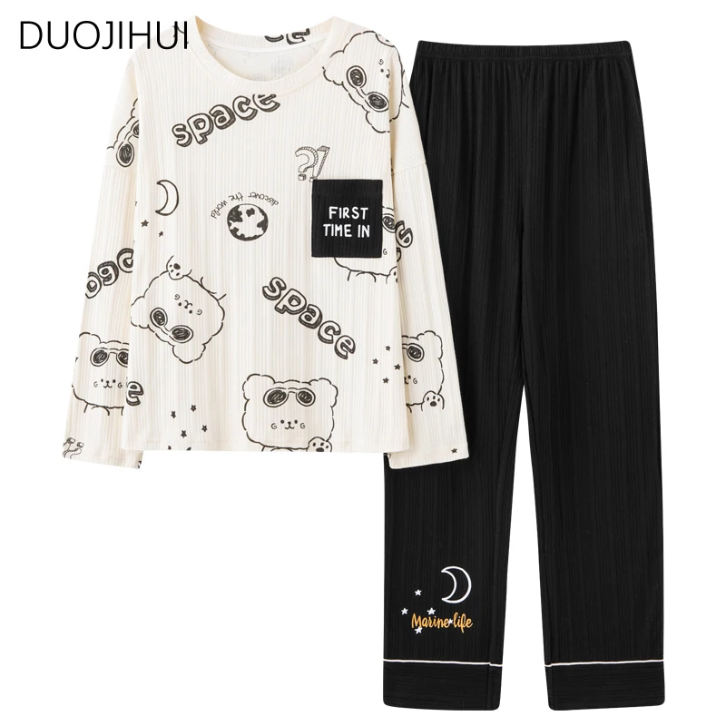 DUOJIHUI Two Piece Chic Sweet Printing Simple Pajamas for Women New Fashion Pullover Casual Loose Pant Autumn Female Pajamas Set