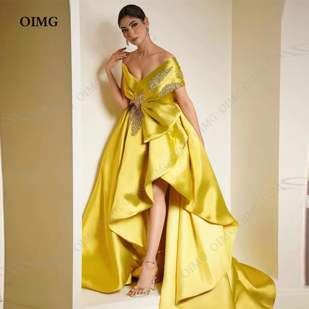 

OIMG Luxury Gold Sequins Evening Dress Satin Prom Gown Saudi Arabric Formal Off Shoulder Ruched Long Prom Dresses For Women 2023