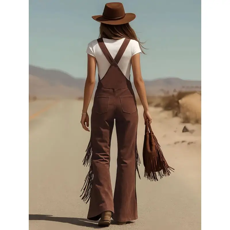 Corduroy Women Fringe Overalls Button Front Pockets Vintage Boho Wide Leg Flared Suspender Jumpsuit