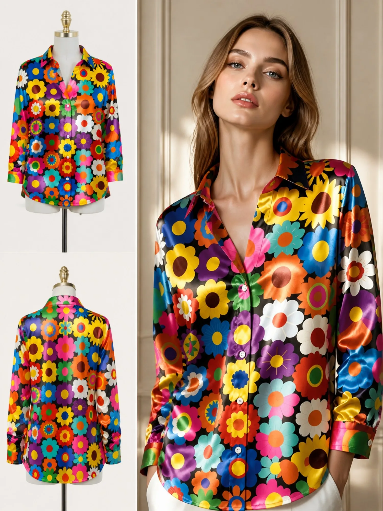 

Black Rainbow Daisy Satin Blouse for Women Long Sleeve Button Down Shirt Colorful Floral Party Silky Top