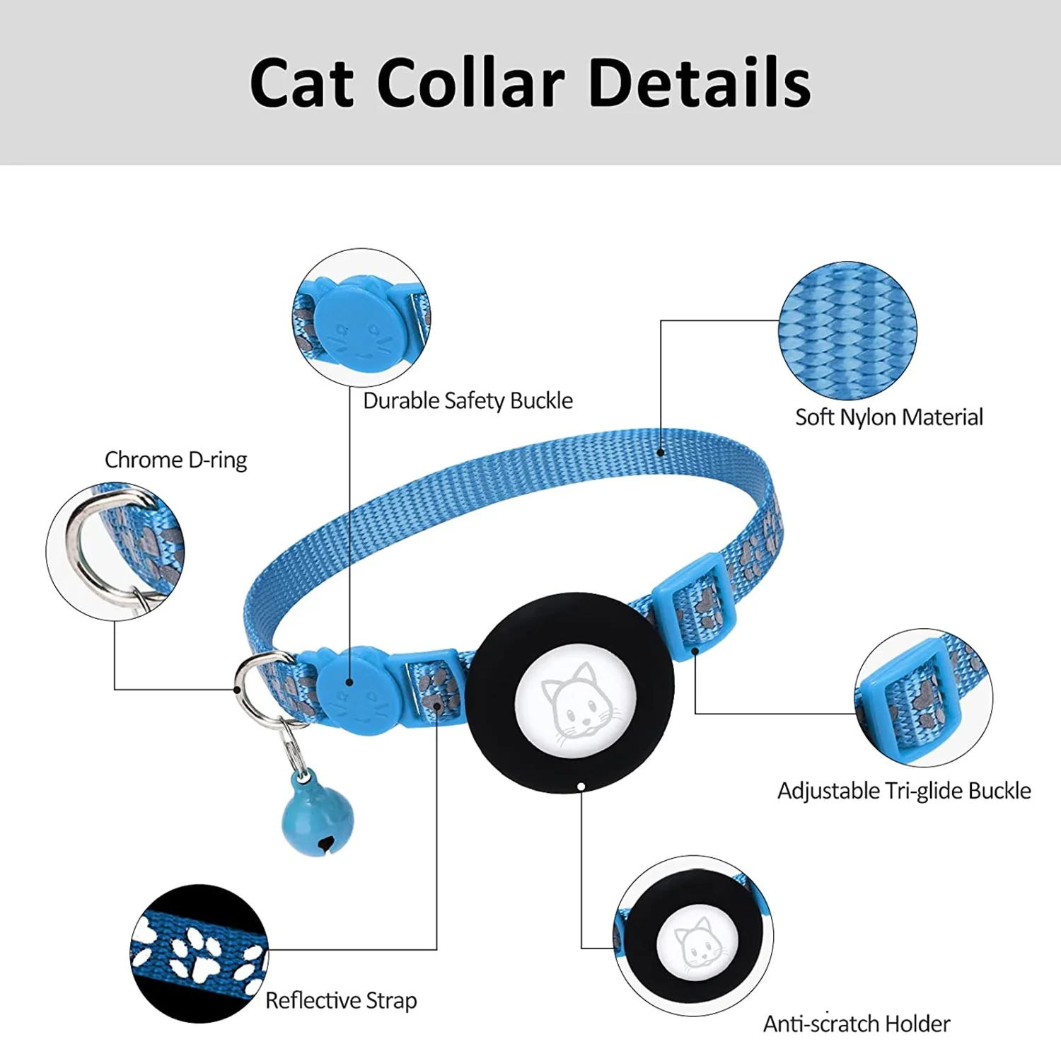 Cat Collar, for Apple Air Tag Cat Collar with Safety Buckle and Bell, Reflective Cat Collar in 3/8Inch Width Blue