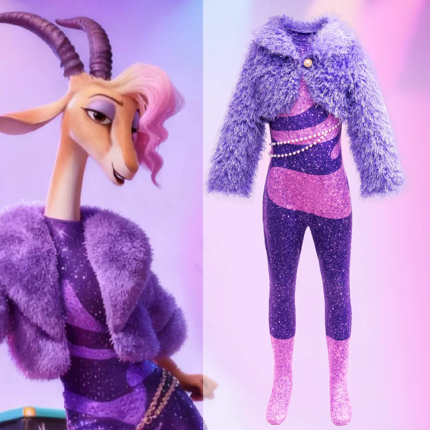 2026 Disney Zootopia 2 Girls Cosplay Gazelle Purple Fashion Plush Jumpsuit + Jacket Set Halloween Clothes Gift For Girl 3-10T