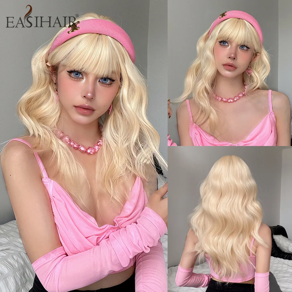 

EASIHAIR Medium Length Blonde Synthetic Wavy Wigs with Bangs for Women Platinum Natural Hair Cosplay Party Wig Heat Resistant
