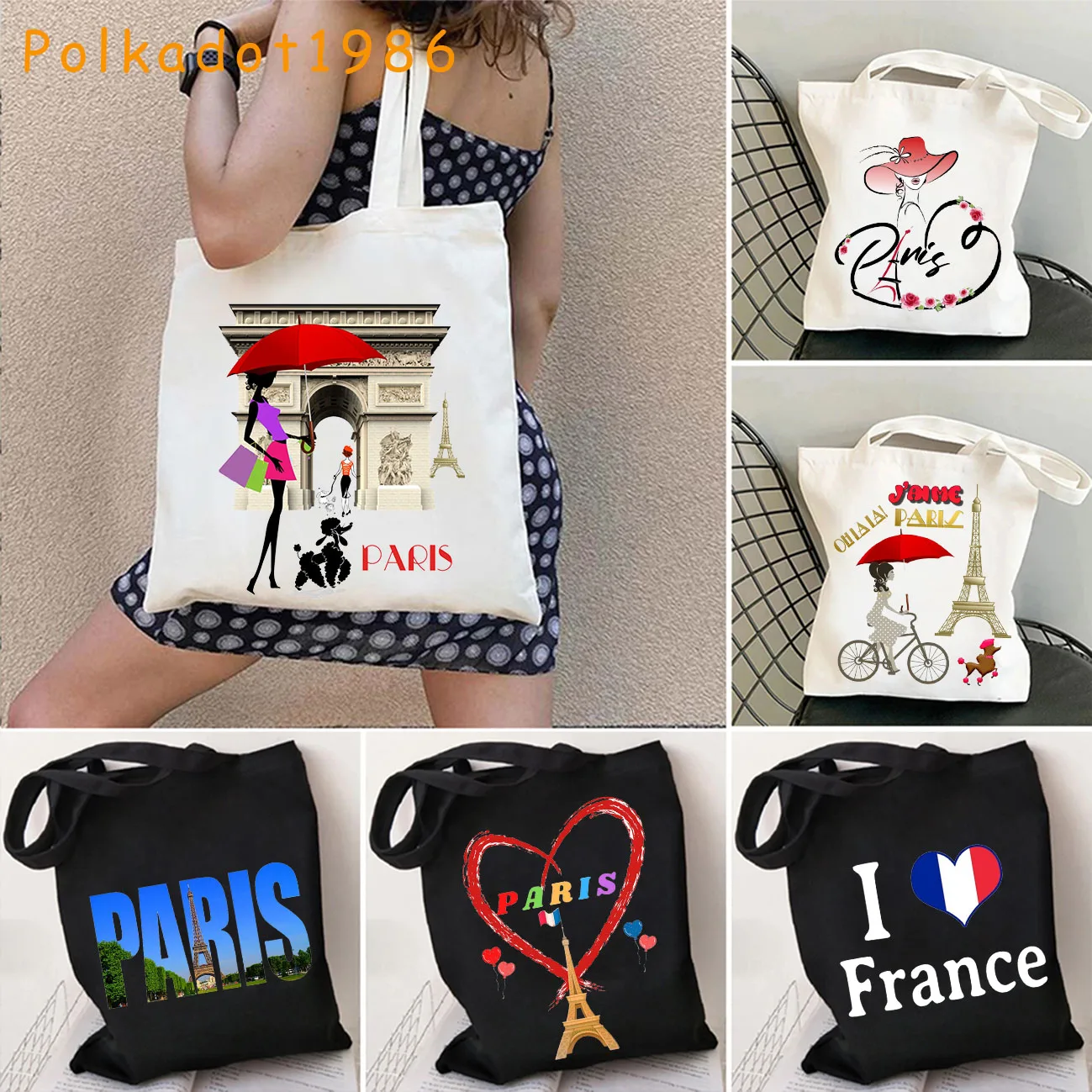 Graphic Love Paris France Eiffel Tower Landmarks Floral Roses Cute Gift Canvas Shoulder Tote Bag Harajuku Shopper Cotton Handbag
