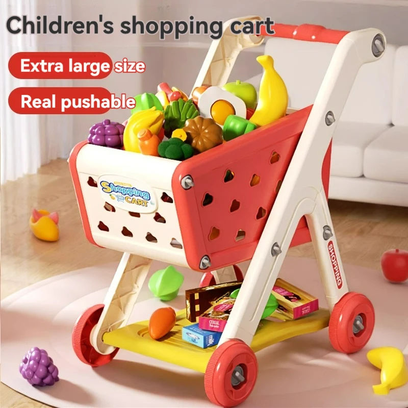 Carrito de compras de supermercado grande para niños, juguetes de coche de empuje, cesta de simulación de comida de frutas, regalos de cumpleaños de