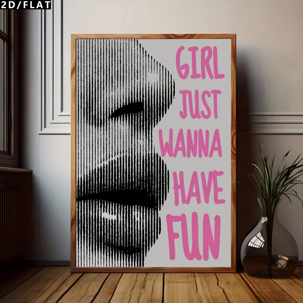 2D Flat, 1pc Girl Just Wanna Have Fun Retro Cartoon Oil Painting Poster - Black & White Suitable for Room,, Bedroom Wall Deco