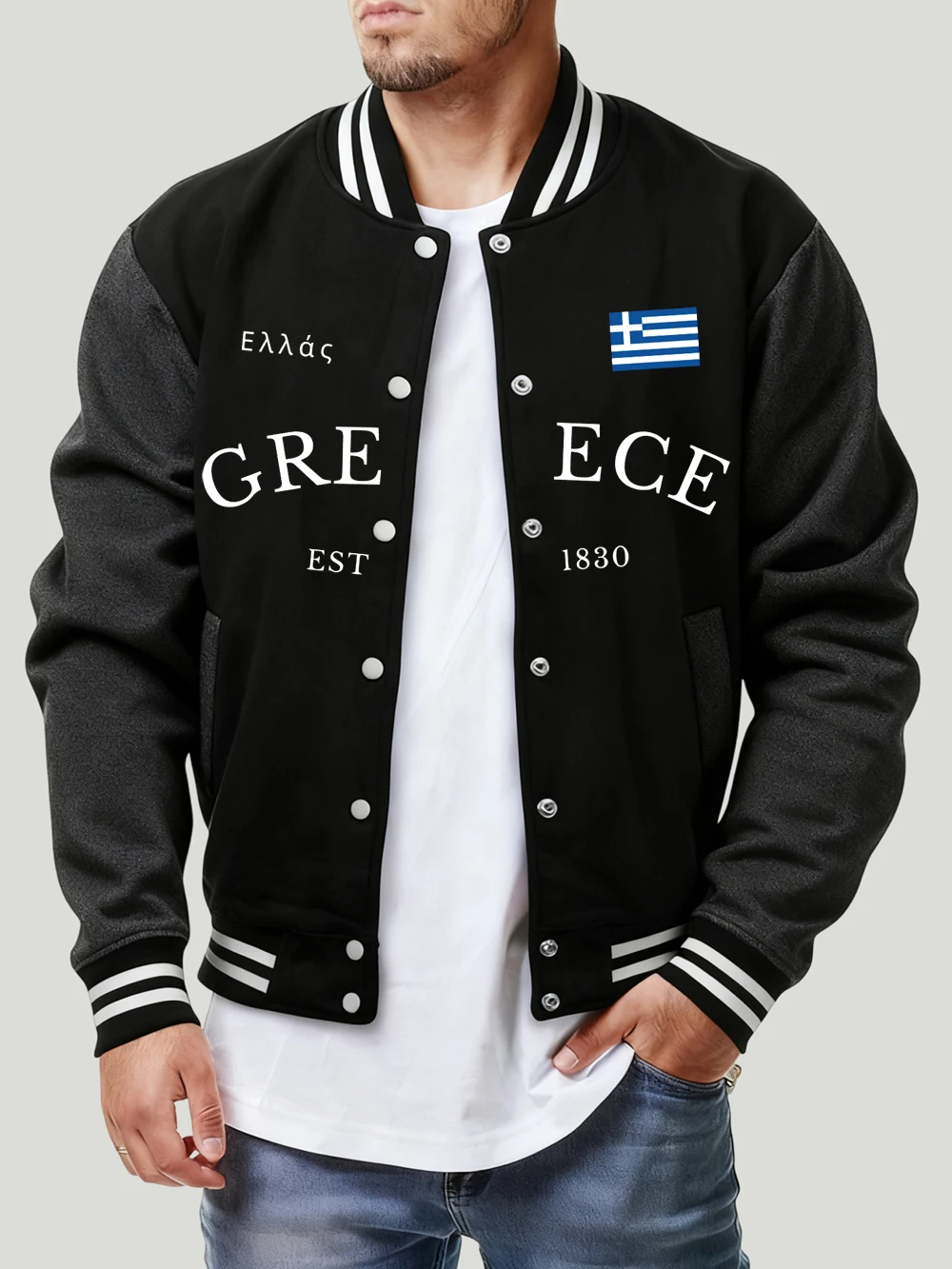 

Greece Est 1830 Flag Printing Baseball Jersey Men'S Autumn Basics Pocket Coats Fleece Warm Loose Jackets Casual Soft Clothes