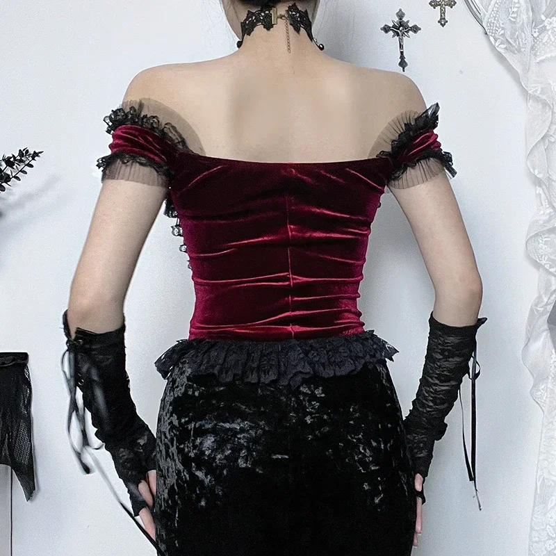 Goth Sexy Lace Trim Off Shoulder Corset Tank Tops for Women Y2K Vintage Aesthetic Black Red Velvet Backless Crop Tops Camisole