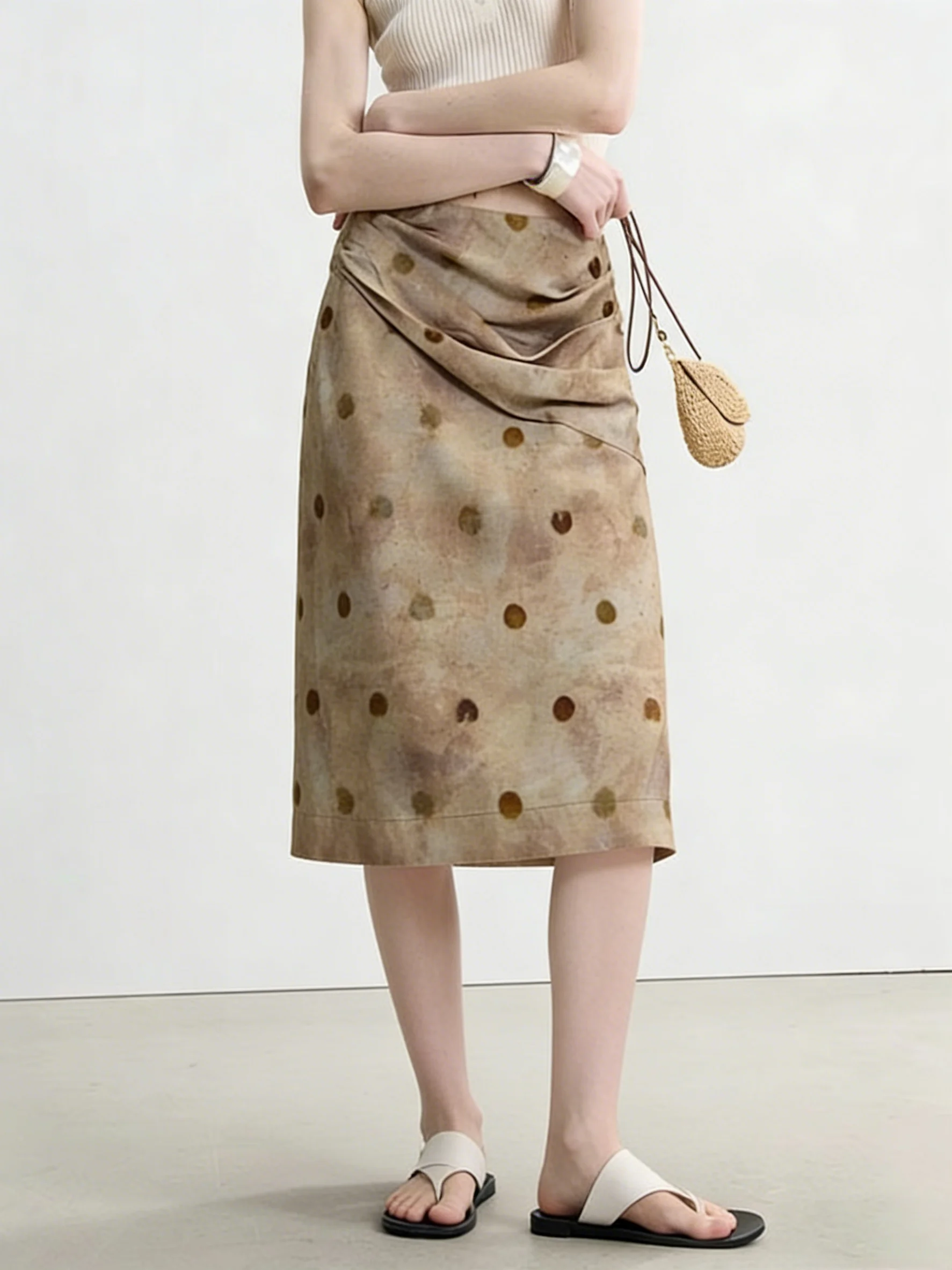 

Новая летняя женская повседневная юбка А-силуэта с высокой талией, светло-коричневая, в горошек, с поясом на завязках, плиссированная, прямого кроя, в стиле ретро