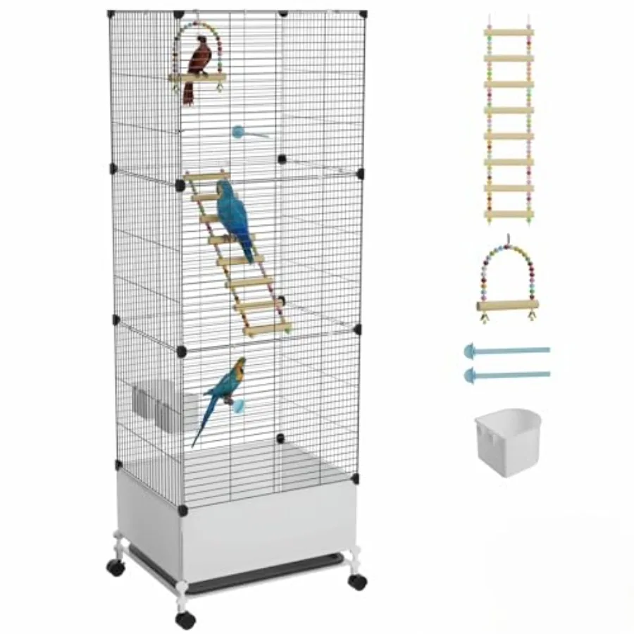 

Extra Large Bird Cage for Parrots Cockatiels Conures Budgies Canaries Finches Lovebirds: Black Metal Cage with Rolling Stand Wh