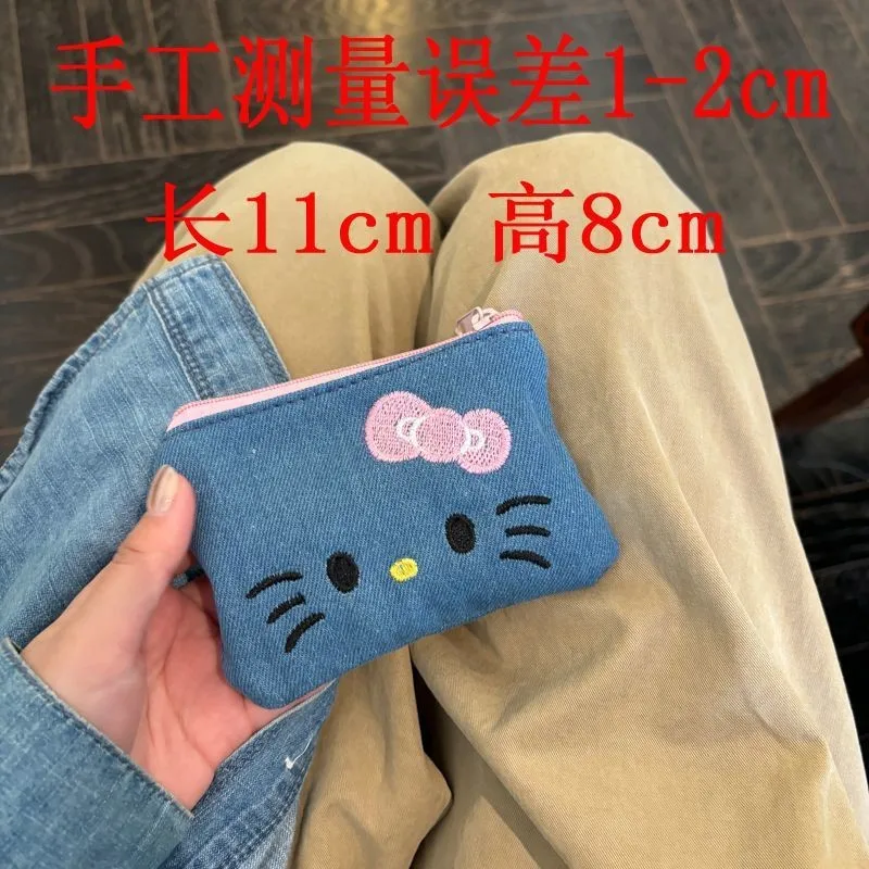 Kawaii Sanrio Anime Hobby Hello Kitty Cartoon Small Denim Embroidered Coin Wallet Portable Coin Bag Birthday Gift