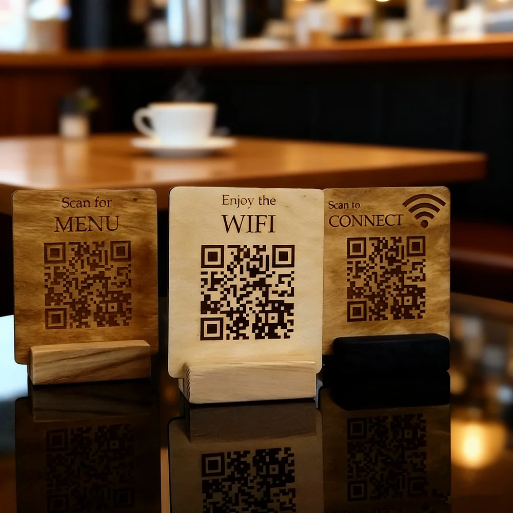 علامات قائمة رمز الاستجابة السريعة المخصصة علامات WiFi لافتات عامة خشبية شعارات متجر شخصية عداد رمز الاستجابة السريعة علامات خشبية قائمة #5