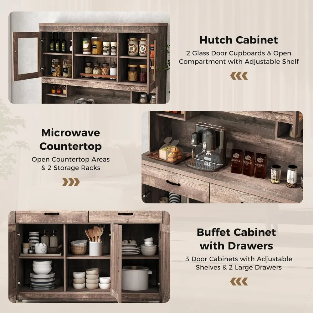 Armoire de rangement haute avec portes en verre, tiroirs, étagères réglables, armoire de garde-manger de cuisine en bois