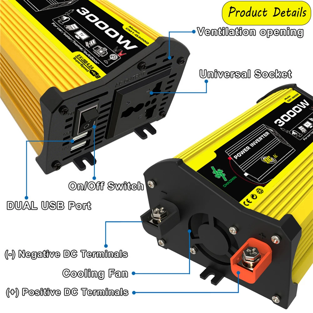 3000W รถอินเวอร์เตอร์ Dual USB อัจฉริยะอินเวอร์เตอร์ DC 12V To AC 110/220V รถแรงดันไฟฟ้า Transformer Charger Converter สําหรับ RV