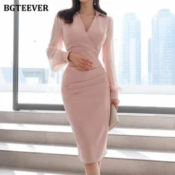 BGTEEVER Spring V-neck Women Bodycon Dresses Long Sleeve Slim Waist Female Pencil Dress Elegant Office Ladies Vestidos
