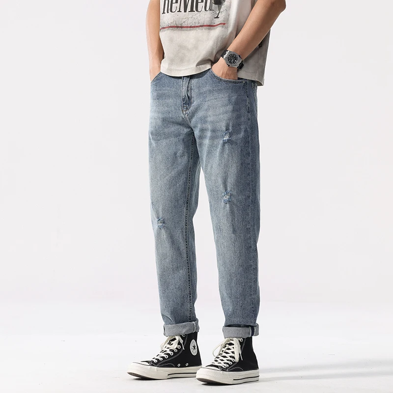 

2025 summer new hot selling men's loose straight leg blue denim jeans retro washed retro style high street fashion plus size